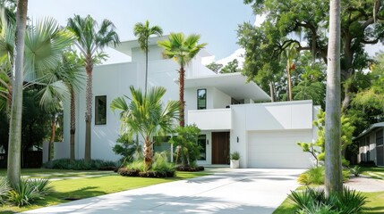 Fototapeta premium A large white house with a large garage and a palm tree in the background. Generate AI