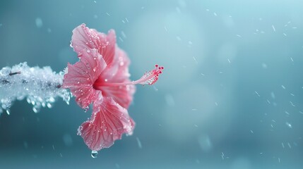 Red hibiscus blossom on an icy branch, heavy snow falling against a deep blue sky, soft-focus background highlighting its vibrant petals.
