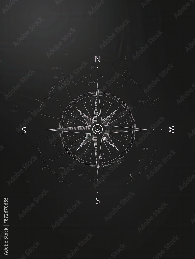 Poster a simple, white compass illustration with clear lines on a black background. perfect for navigation 