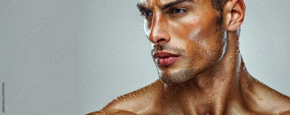 Poster a man with a beard and a mustache is standing in front of a white wall. he is sweating and has a ser