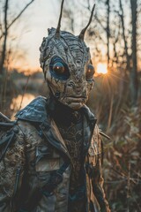 A post-apocalyptic survivor wearing a mantis-like mask and a leather jacket stands in a forest. AI.
