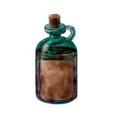 Glass vintage jar with stopper and flowers, hand painted with watercolors in retro style. Vintage cosmetics