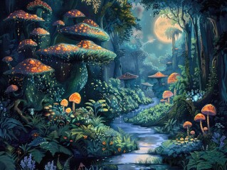 Moonlit Enchanted Forest: Magical Realm of Giant Mushrooms and Mystical Creatures