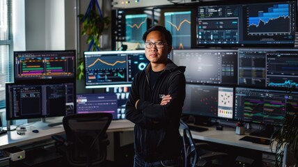 Professional working in high-tech office with multiple screens and video calls, showcasing remote collaboration. AIG58