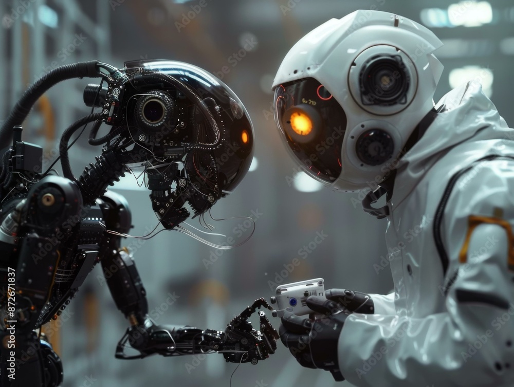 Poster a humanoid robot and a human in a spacesuit are working together in a futuristic setting. ai.