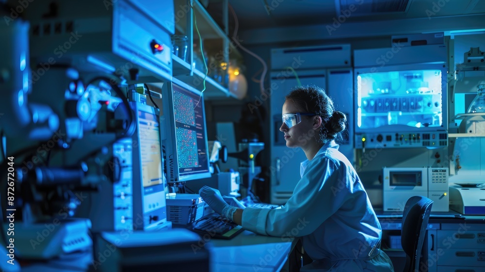 Aufkleber in a hightech laboratory, a scientist is deeply engrossed in analyzing intricate data on numerous co