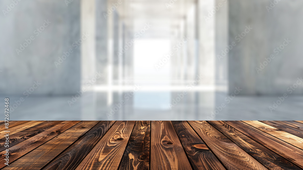 Poster empty wood table top with blur background of large hallway in office or factory. the table giving co