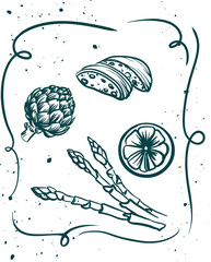 A composition of isolated monochrome elements on the theme of summer holidays and travel in an elegant frame on a transparent background.Outline digital sketch illustrations for travel books