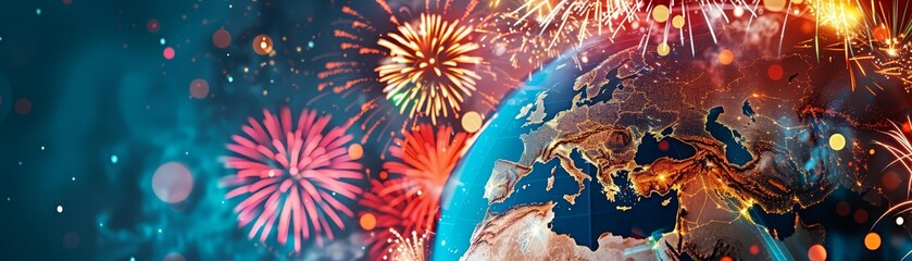 Obraz premium Creative New Year vector scene of a world globe with fireworks erupting from various countries
