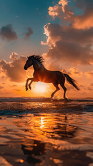 horse jumping and running on the beach