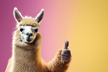 Funny alpaca llama, smiling, showing approving thumbs up to appreciate good work or product. Wide banner with copy space side. 