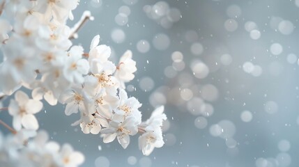Fototapeta premium White jasmine on a frosty vine, snow falling softly against a muted sky, soft-focus background enhancing its pure beauty.