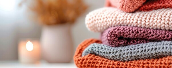 Pile of cozy knitted blankets and scarves in autumn colors, warm and inviting, handmade touch