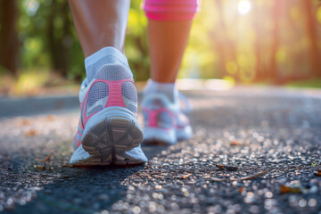 Close-up view of a person walking on a sunlit paved path through a park, showcasing their athletic shoes in motion, and capturing the essence of movement and fitness.