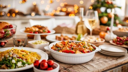 Community potluck with a variety of autumn dishes, rustic tables, warm atmosphere, festive decor