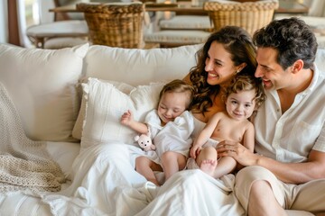 Fototapeta premium Happy family portrait, a family smiling and sitting on a white couch in the living room
