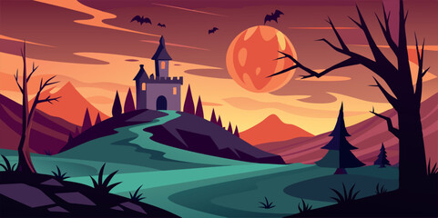 Halloween vector flat background with castle and bats