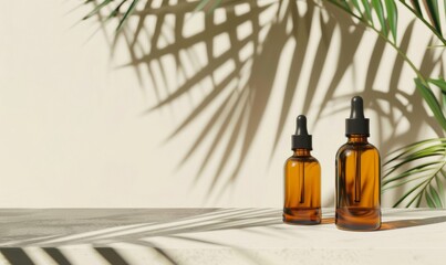 Transform your product presentation with this simple mockup featuring two empty amber glass bottles adorned with delicate palm leaves casting shadows against a white wall background.