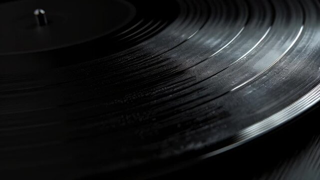 Close-up of black vinyl record with grooves