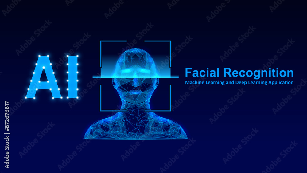 Poster artificial intelligence ai facial recognition scanning concepts. 3d head in glowing polygon, grid an
