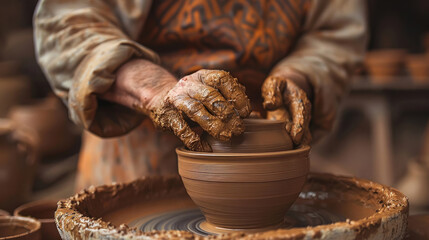 man hand making a pot on a potter's wheel