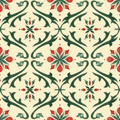 An elegant floral pattern featuring green vines and red flowers on a light background seamless pattern background