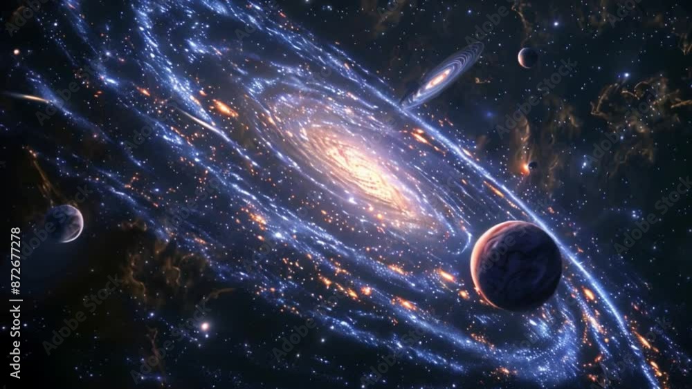 Poster this colorful spiral galaxy with stars and planets in the vastness of space.