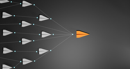 Leadership concept, Orage leader plane leading white plane, on dark background.