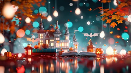 A whimsical tableau of witches and wizards preparing for a Halloween celebration, with colorful costumes, broomsticks, and spellbooks laid out amidst mystical decorations and glowing lanterns.