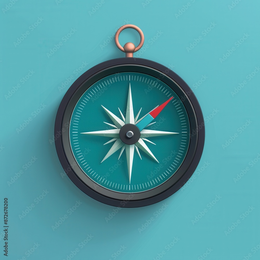 Poster a simple illustration of a compass with a blue background. this image is symbolic of navigation and 