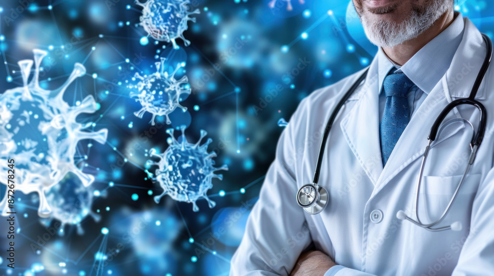 Poster a doctor stands in front of a computer screen with a virus on it. the doctor is wearing a white lab 