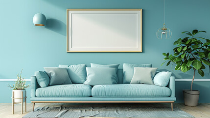 Bright living room with turquoise furniture, white decor, and large windows.