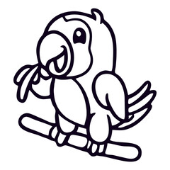 A cute cartoon parrot with large eyes and a big beak perched on a branch