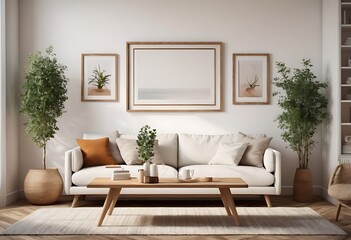 Mock up frame in home interior background, white room with natural wooden table and decor, 3d render