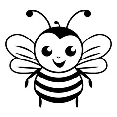 A cute and friendly cartoon bee with a smiling face, black and yellow striped body, and large eyes