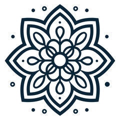 A symmetrical floral mandala design with a large central flower surrounded by smaller petals and geometric shapes in a dark blue color scheme