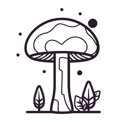 A black and white line drawing of a mushroom with a cloud-like cap, surrounded by leaves or plants, with a minimalist, abstract style