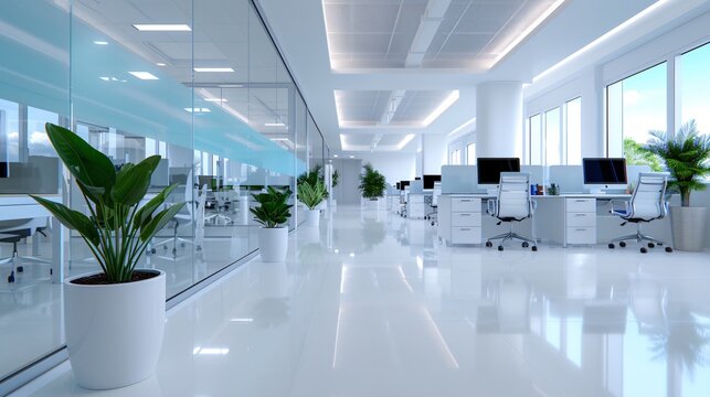 Interior view of minimalist office space, hazy frosted glass walls separating workstations, soft diffused light filtering through abstract blue-patterned windows, modern ergonomic furniture