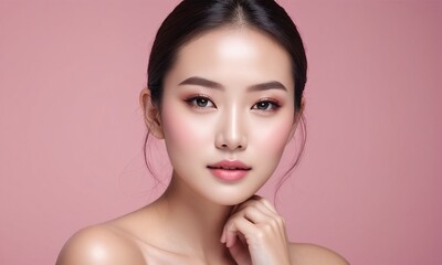 Close-up portrait of young Asian beautiful woman with K-beauty make up style and healthy and perfect skin isolated on pink background