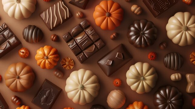 Fancy chocolates and halloween pumpkins chocolate for Halloween on brown background, horizontal view from above, 3d illustration generative ai 