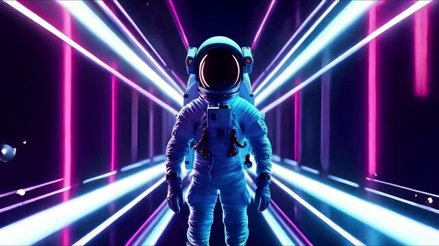 Astronaut in the fourth dimension. Neon surroundings and bright stripes. Interstellar. Sci-fi 3d animation