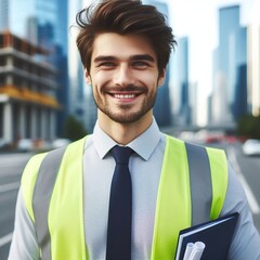 architect or engineer with neon suit modern buildings and modern city in background