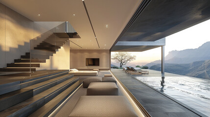 Obraz premium Minimalist living room with white furniture, modern decor, and large windows.