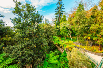 Monte Palace, Tropical Garden with Waterfalls, Lakes and traditional buildings above the city of Funchal