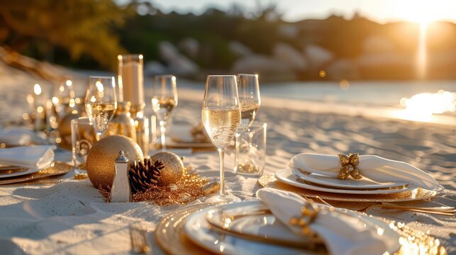 Stylish New Years beach soiree with an elegant white and gold dinner setup on the sand