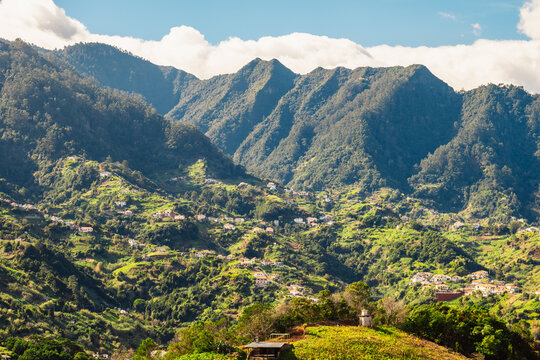 Views from Cabo de Larano viewpoint and Vereda do Larano coastal hiking trail. Cliffs atlantic ocean and tropical mountains vegetation. Madeira island in Portugal