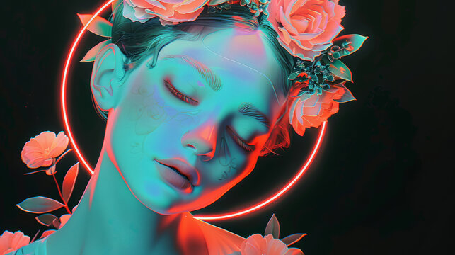 A portrait of godness with closed eyes, peach and light green light, glowing halo with flowers on black background, minimalism, artistic style illustration design