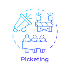 Picketing blue gradient concept icon. Labor protest, workers strike. Working conditions. Round shape line illustration. Abstract idea. Graphic design. Easy to use in infographic, presentation