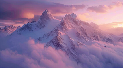 A majestic mountain peak towering above the clouds, bathed in golden sunlight with a soft mist rising from its base