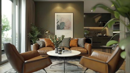 Cozy living room with brown furniture, light decor, and indoor plants.